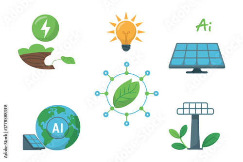 Illustrations of technology and nature, showing renewable energy and AI concepts.