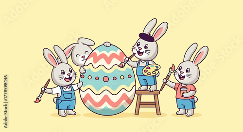 Four cute cartoon bunnies happily decorating a large colorful Easter egg together, showing teamwork and creativity.