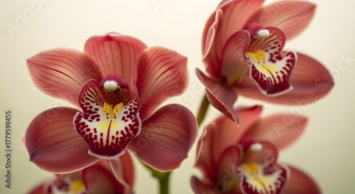 A beautiful close-up of blooming pink and red Cymbidium orchid flowers against a soft, light background.