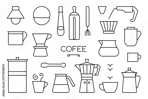 A collection of line art illustrations depicting coffee making equipment and cups.