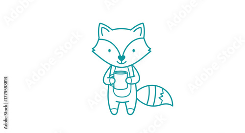 A cute cartoon raccoon character wearing overalls and holding a mug, drawn in a simple line art style.