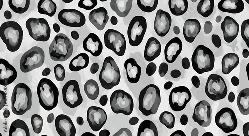 A seamless grayscale leopard print pattern with irregular dark spots and light centers, creating a stylish animal skin texture.