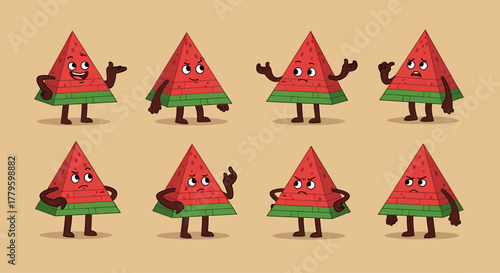 A collection of cartoon watermelon slices with various facial expressions and poses.