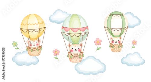 Three adorable hot air balloons with cute animal passengers floating among fluffy clouds and flowers.