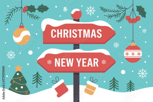 A directional signpost indicates Christmas and New Year with festive holiday decorations.