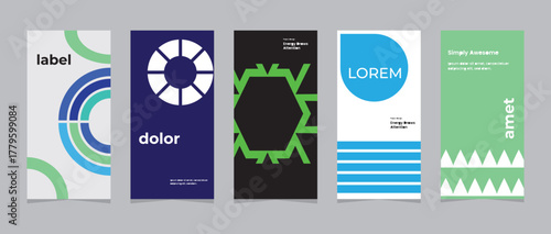 A collection of five abstract geometric posters featuring bold circular and angular shapes in blue, green, and black tones. Each layout uses minimalist typography and clean modern vector design.
