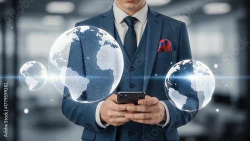 Businessman Using Smartphone for Global Digital Network
