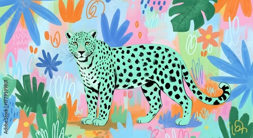A vibrant, stylized illustration of a light green leopard with black spots standing in a colorful, abstract tropical jungle with various plants and flowers.