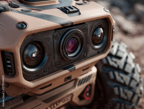 Macro close-up of robot nose with LiDAR sensor and bumper whiskers in studio lighting