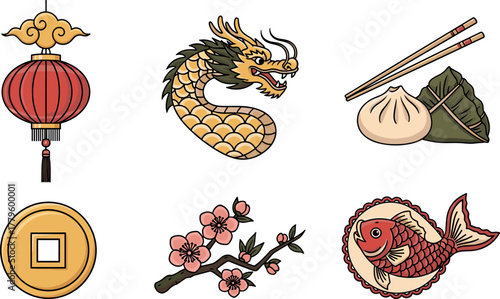 Chinese New Year Icons: Dragon, Lantern, Koi, and More