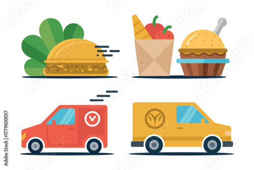 Illustrations of food items and delivery vehicles are shown.