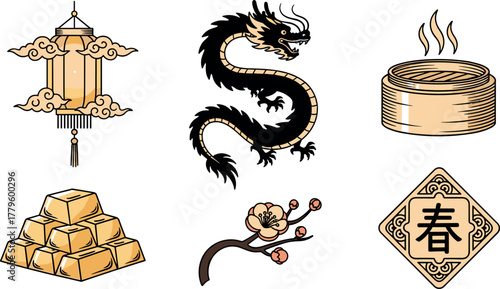 Chinese New Year Icons: Dragon, Lantern, Gold, and Spring Symbol