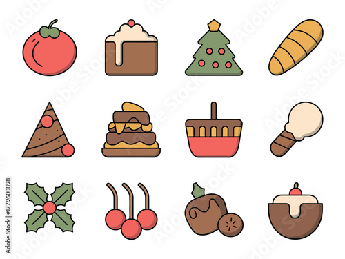 A grid of twelve festive food and Christmas themed icons.