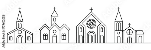 Set of Christian Church Building Icons in a Thin Line Art Style