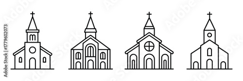 Set of Christian Church Building Icons in a Simple Line Art Style