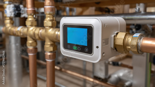 Wallpaper Mural Smart water shutoff actuator mounted on copper pipe with illuminated indicator screen Torontodigital.ca
