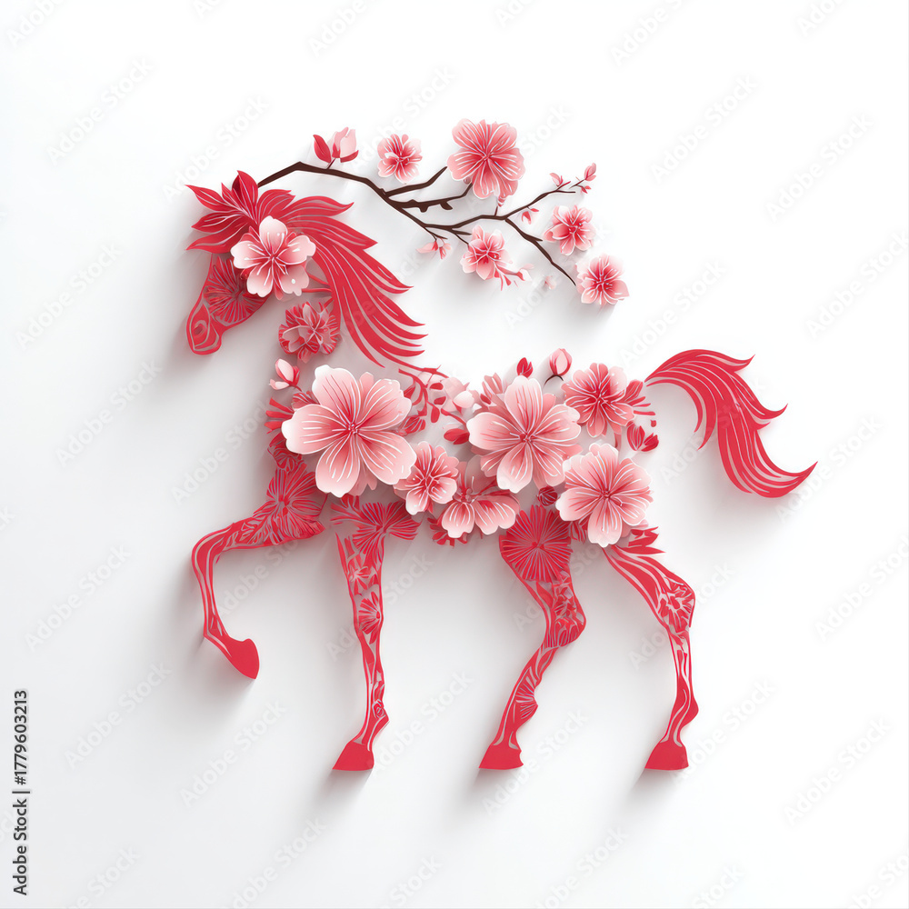 Obraz premium Red paper-cut horse with plum blossoms on white background in clean vector style