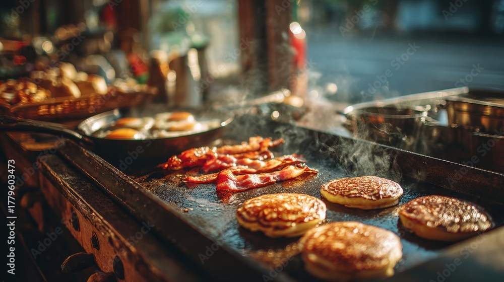 Fototapeta premium Pancakes flipping and bacon crisping during a busy breakfast in a bright kitchen