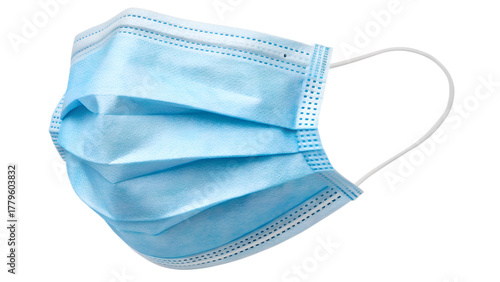 Light blue disposable face mask, isolated on transparent background, soft folds and elastic straps.