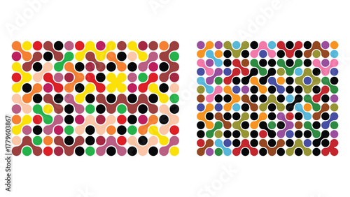 Colorful abstract geometric pattern with diverse connected shapes and circles forming a vibrant mosaic background