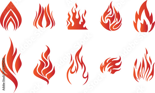 Collection Set of Red Fire Flame Icons  - Hot Burning Flame Symbols in Various Styles and Shapes