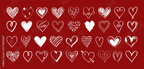 Hand drawn heart valentines day icons set. Scribble chalk and crayon drawn hearts. Vector set 