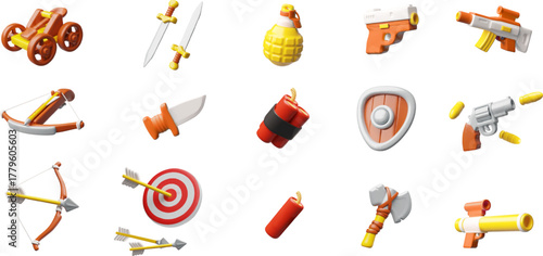 Old weapon collection 3D cartoon plastic style vector set, volume catapult, axe, sword, crossbow, shield, revolver, bomb
