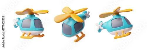 Helicopter view from different angles 3D cartoon plastic style vector icons set, air transport, volume aircraft vehicle
