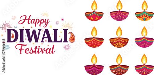 A festive collection of beautifully decorated Diya oil lamps for the Indian Deepavali festival of lights celebration