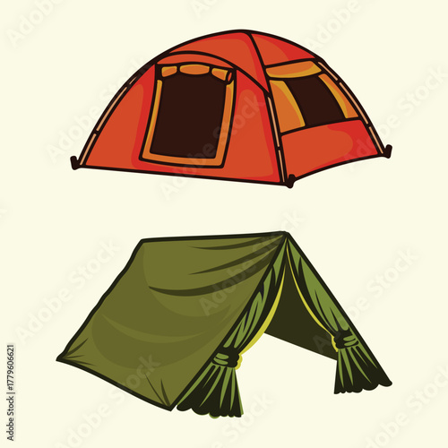 Camping tent collection outdoor travel tourist equipment isolated on white background vector illustration
