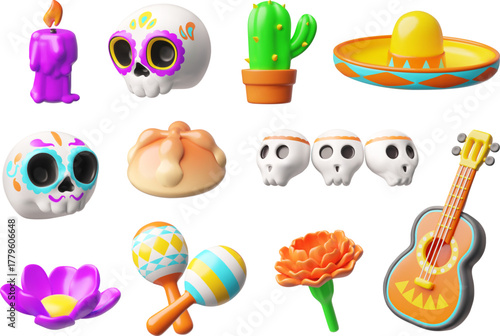 Mexican culture Dia de Los Muertos day symbols 3D vector icon set, Calavera painted sugar skull, sombrero hat, marigold