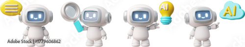 Chatbot robot with magnifying glass, AI cloud, light bulb and speech bubble realistic 3D vector, Artificial intelligence