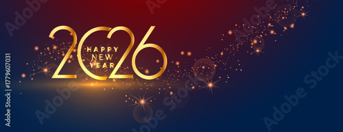 Golden 2026 Happy New Year Greeting Banner with Sparkling Light Trail on Dark Background