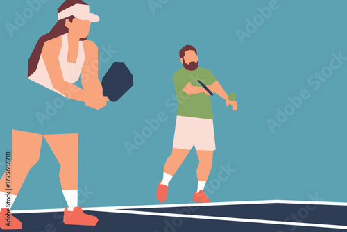 Stylized illustration of two people playing pickleball on court. Dynamic action with paddles and ball, modern flat design highlighting sporty energy, teamwork, and vibrant colors.