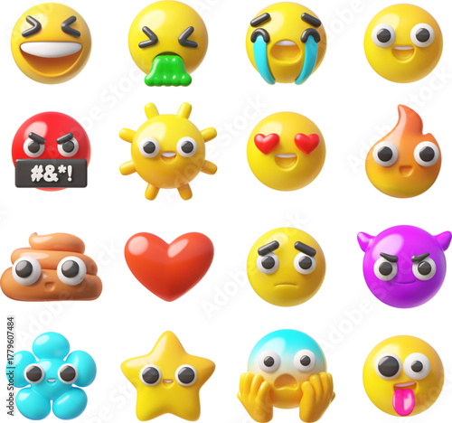 Emoji emoticon realistic 3D vector icons set, cute poop, star, sun, heart, flower and round faces various expressions