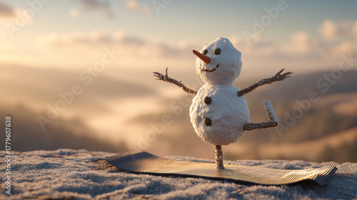 Snowman Practicing Yoga on a Mat in a Sunny Winter Landscape with Morning Mist and Rolling Hills. Image made using Generative AI.