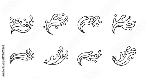 Collection of simple black and white water splash and wave illustrations