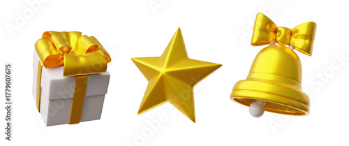 3D white gift box with gold ribbon bow, handbell and star vector icons set, realistic New Year and Christmas decorations