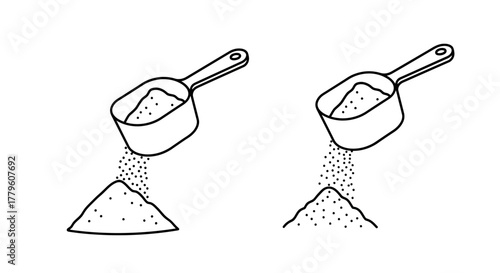 Simple illustration of two scoops pouring granular substance into piles
