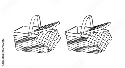 Two woven picnic baskets with checkered cloth simple line art style