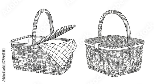 Two woven picnic baskets one open displayed in a simple black and white sketch