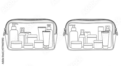 Two white cosmetic bags filled with various skincare and beauty products