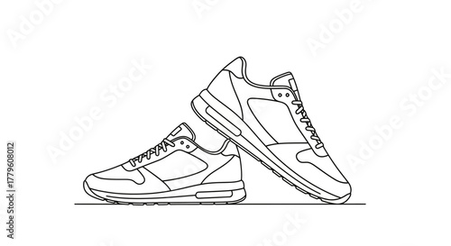 A simple line drawing depicts a pair of athletic running shoes