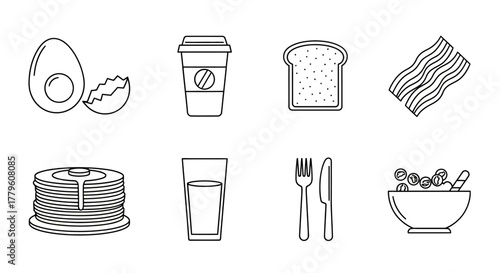 A collection of simple line drawings depicting breakfast food items