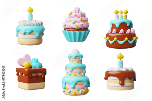 Birthday cake 3D cartoon plastic style vector icons set, celebration pie creamy dessert with burn candle, confectionery