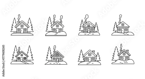 Simple line drawing of quaint houses with trees and smoking chimneys