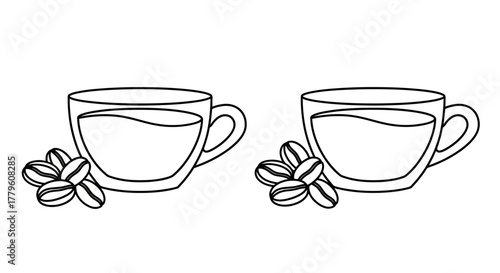 Simple sketch of two coffee cups with scattered coffee beans nearby