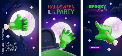 Happy Halloween spooky party 3D vector design set, creepy zombie green hand gestures, Trick or treat, Sale promotion