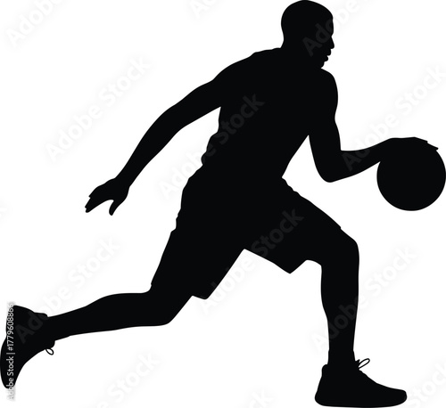 Basketball player dribbling silhouette, sports action graphic