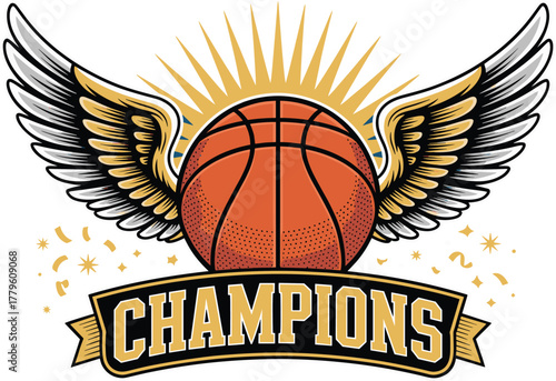 Basketball with wings and 'champions' banner on blue background